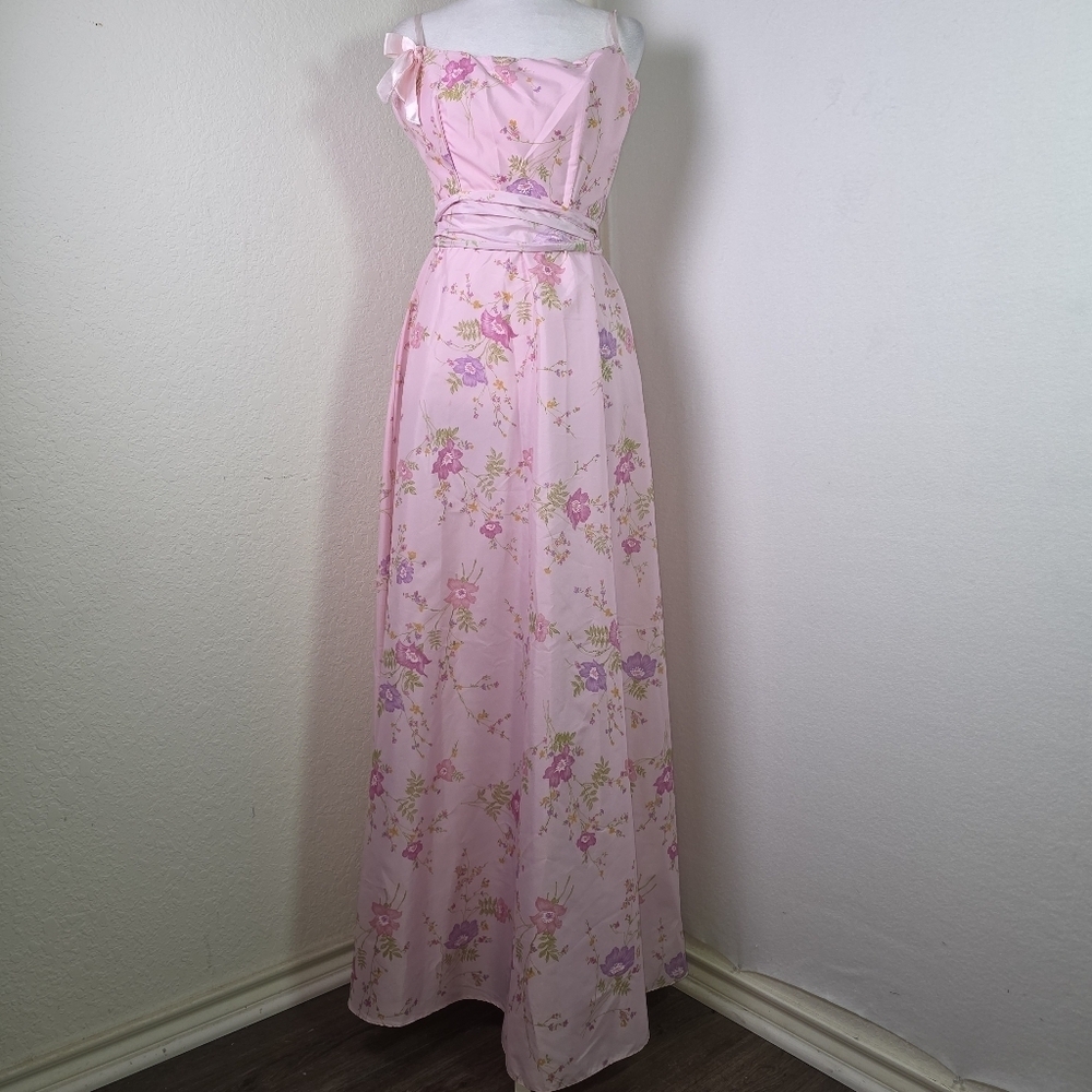 Vintage Dance-Allure by Alfred Angelo Pink Floral Maxi Gown w/ Bow Sash – ILGWU